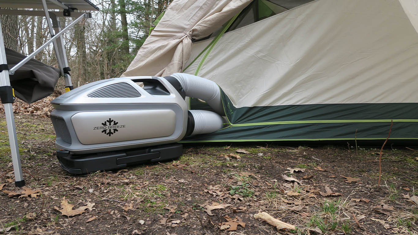 Zero Breeze Mark 3 outside a tent with dual vent hoses